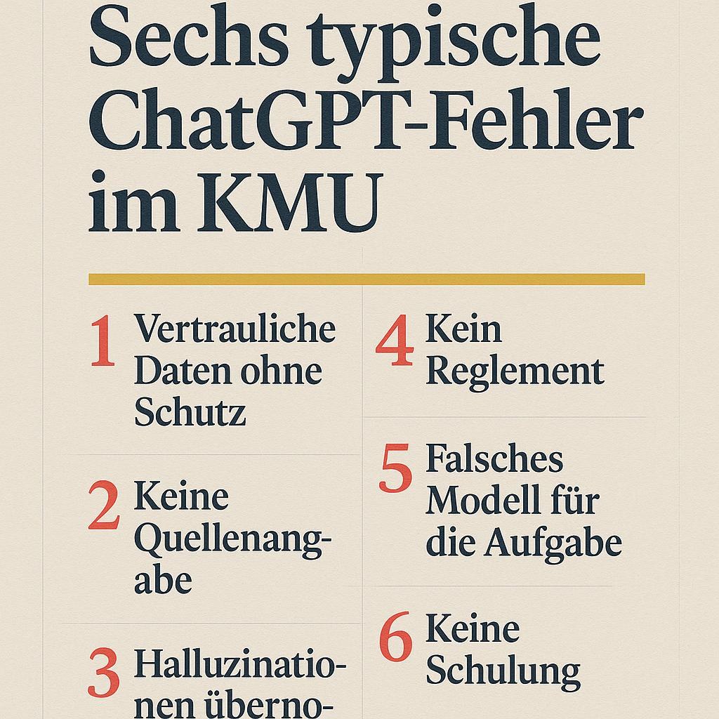 Editorial-Spread mit den sechs typischen ChatGPT-Fehlern im KMU als nummerierte Liste.