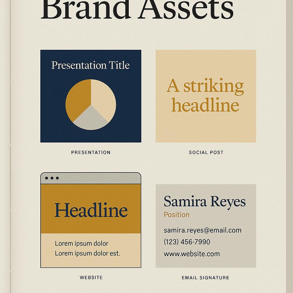 Editorial-Asset-Spread mit Präsentationsfolie, Social-Post, Website-Hero und E-Mail-Signatur im einheitlichen Brand-Stil.