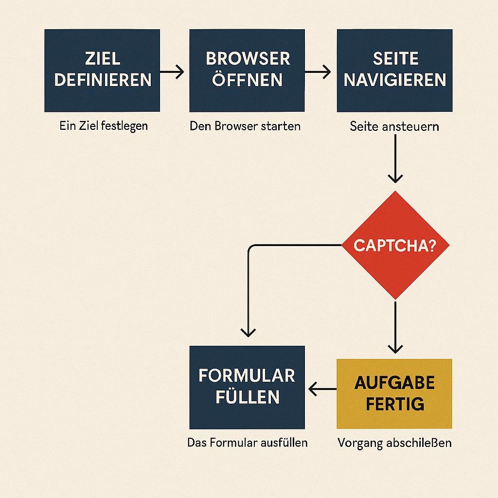 Flowchart eines Browser-Agenten: Ziel definieren, Browser öffnen, Seite navigieren, Formular füllen, Captcha-Entscheidung, Aufgabe fertig.