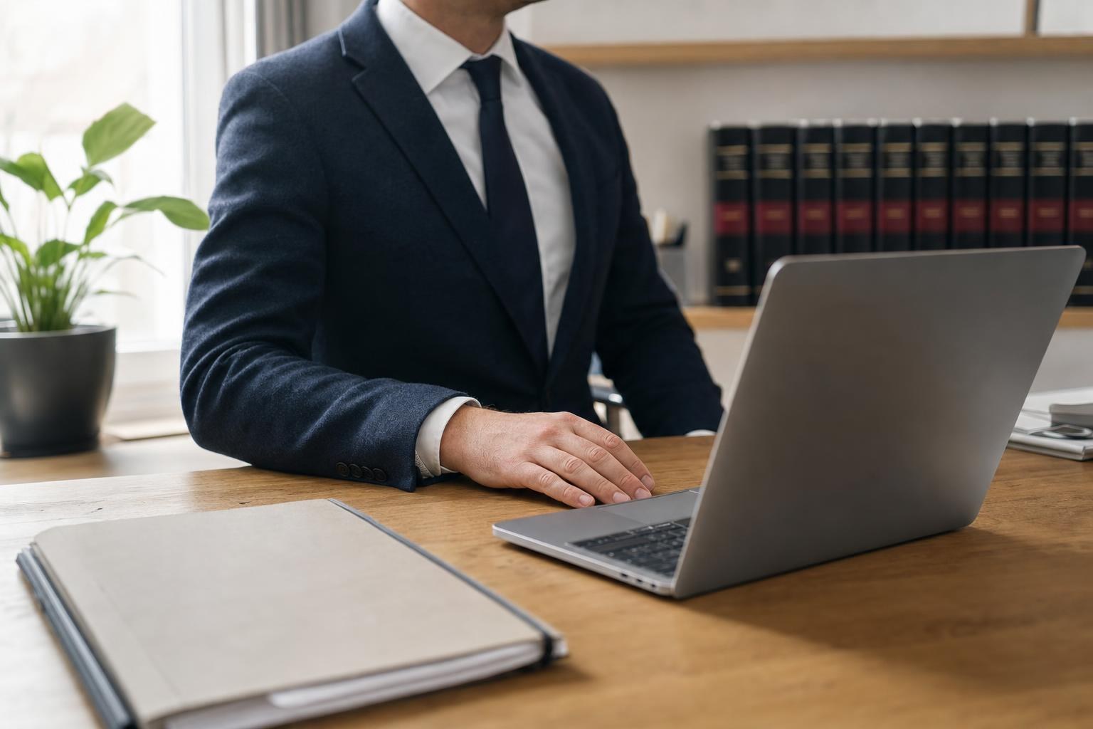 Arbeitsplatz in einer Anwaltskanzlei: geschlossenes Klientendossier auf dem Holztisch, daneben ein aufgeklappter Laptop mit abgewandtem Bildschirm, eine Hand ruht neben der Tastatur. Im unscharfen Hintergrund eine Reihe juristischer Kommentare.