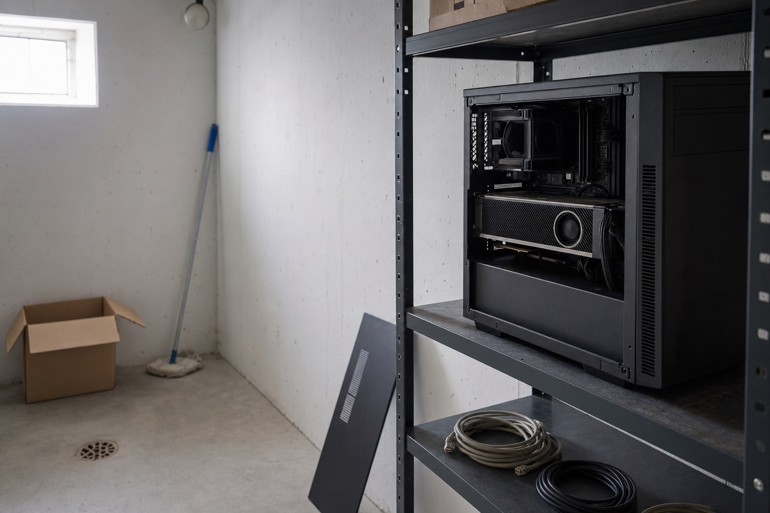 Technikraum eines Schweizer Kleinbetriebs: auf einem Metallregal steht ein Tower-Rechner mit abgenommener Seitenwand, im Inneren eine grosse Grafikkarte. Daneben aufgerollte Netzwerkkabel, auf dem Boden ein halb offener Karton, an der Wand ein Bodenablauf und ein Putzmopp.