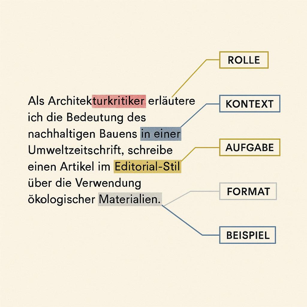 Annotierter Beispiel-Prompt mit fünf farbig hinterlegten Sektionen - Rolle, Kontext, Aufgabe, Format und Beispiel.