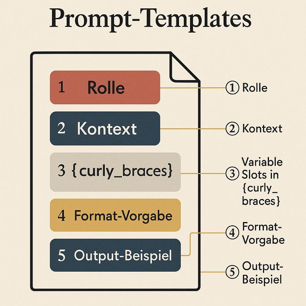 Annotierte Anatomie eines Prompt-Templates: Rolle, Kontext, Variable Slots, Format-Vorgabe, Output-Beispiel.