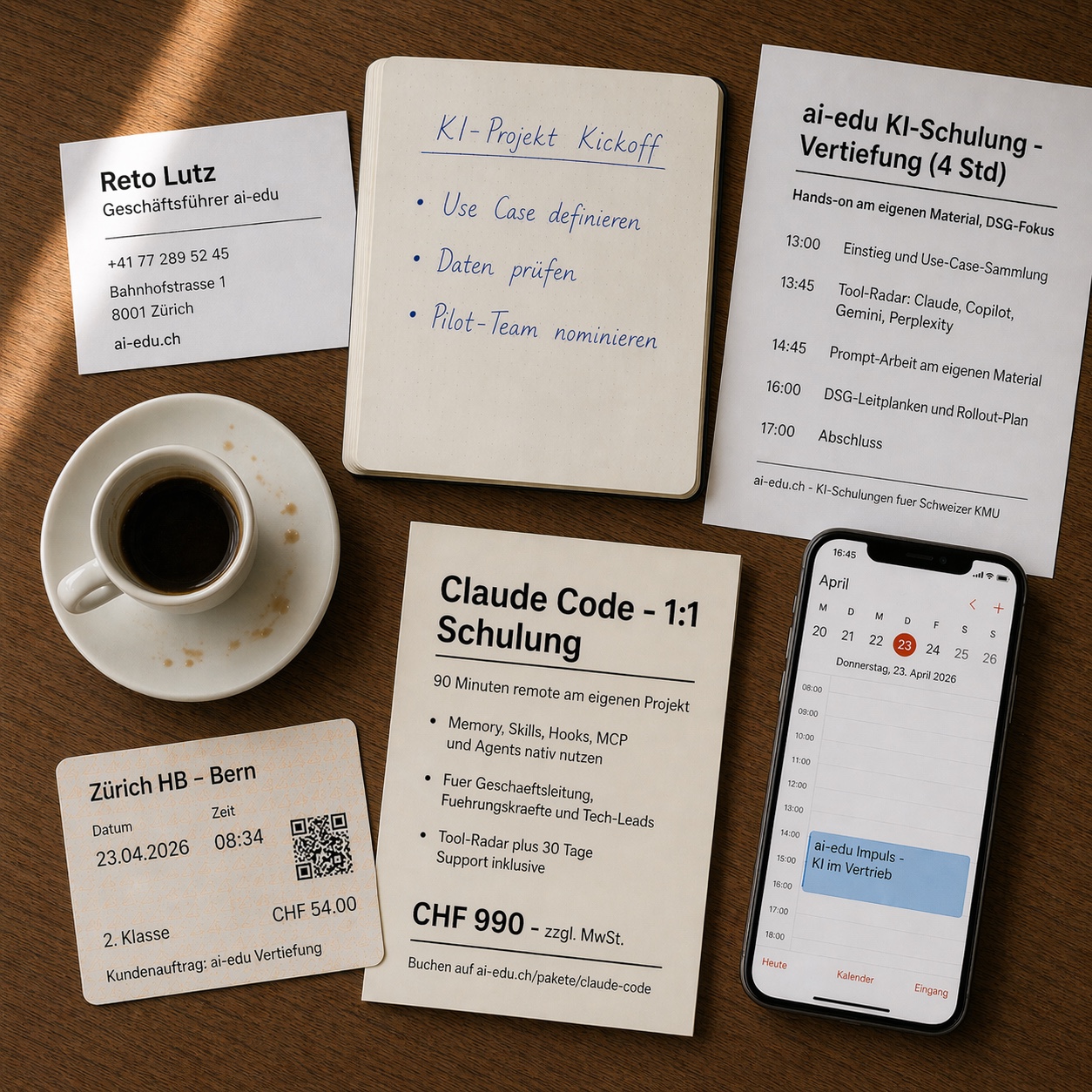 Eigenes Render mit ChatGPT Images 2.0: Schreibtisch-Flat-lay mit Visitenkarte Reto Lutz, Notizbuch KI-Projekt Kickoff, ai-edu Vertiefungs-Agenda, SBB-Ticket Zürich-Bern, Claude-Code-Flyer und iPhone-Kalender - alle Textelemente auf Deutsch.