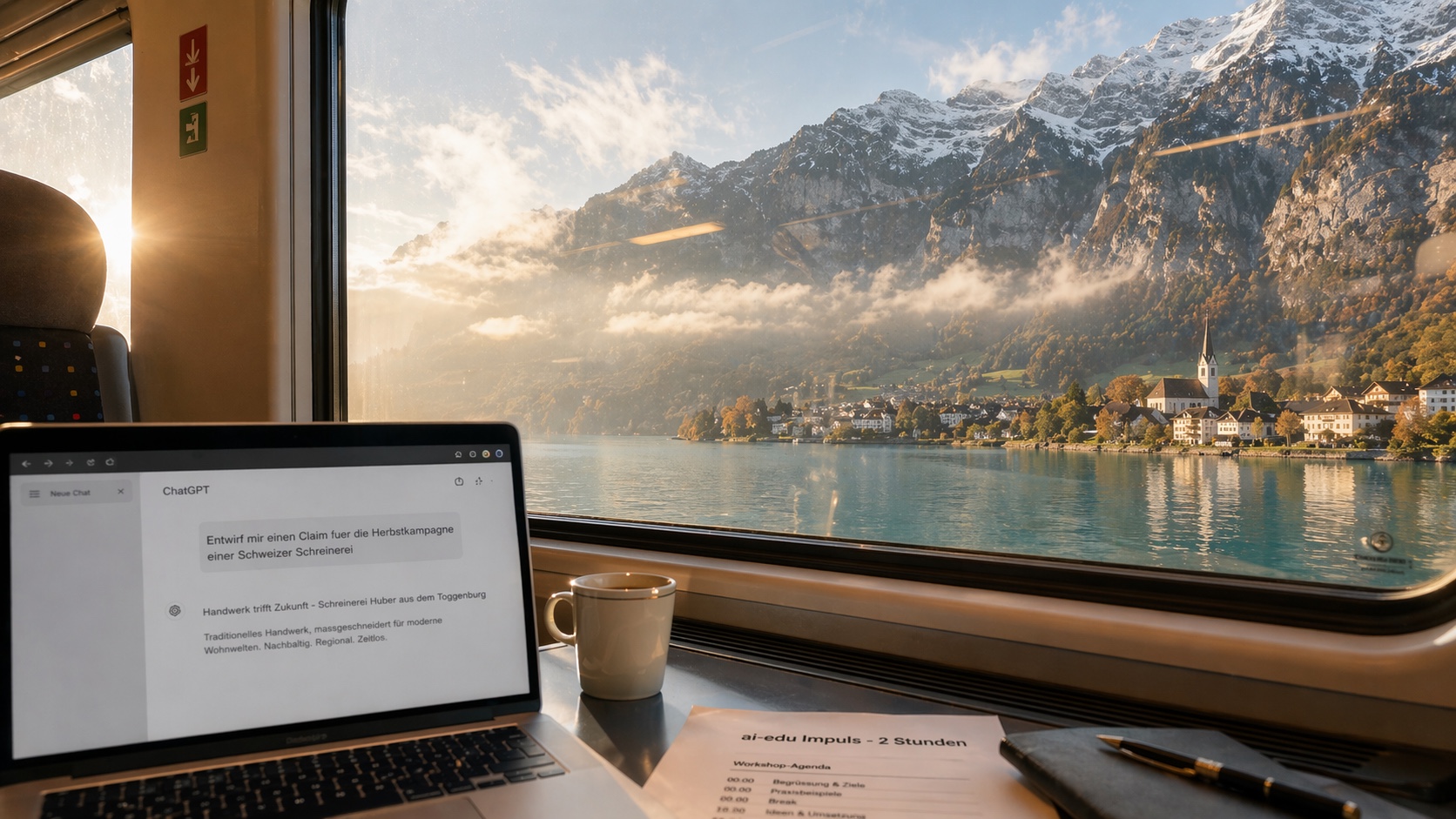 Eigenes Render mit ChatGPT Images 2.0: Blick aus einem SBB-Intercity-Zug auf den Walensee, goldenes Morgenlicht auf den Alpen, im Vordergrund ein MacBook mit einer ChatGPT-Session auf Deutsch und ein Ausdruck einer ai-edu-Workshop-Agenda.