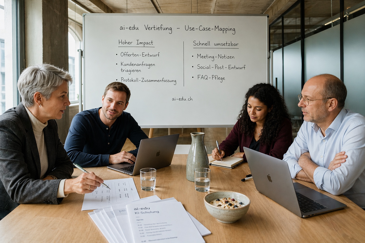 Eigenes Render mit ChatGPT Images 2.0: Workshop-Szene in einem Schweizer Co-Working-Space mit vier Teilnehmenden um einen Eichentisch, ein Whiteboard im Hintergrund zeigt auf Deutsch ai-edu Vertiefung - Use-Case-Mapping mit zwei Spalten Hoher Impact und Schnell umsetzbar.