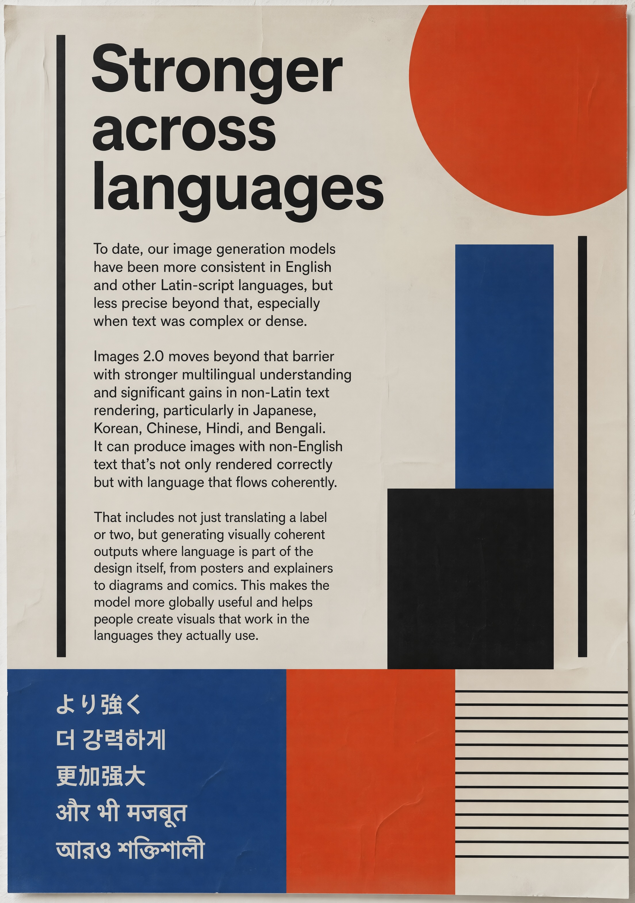 OpenAI-Demo-Poster Stronger across languages - mehrsprachiges Text-Rendering in Japanisch, Koreanisch, Chinesisch, Hindi und Bengali auf einem Bauhaus-inspirierten Layout.