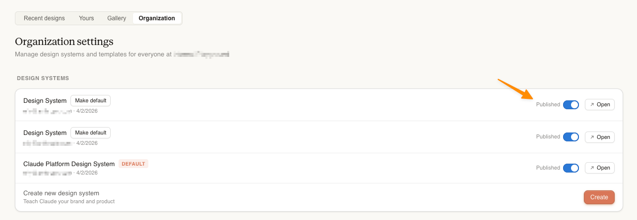 Claude Design organization settings with three design systems and active Published toggles.