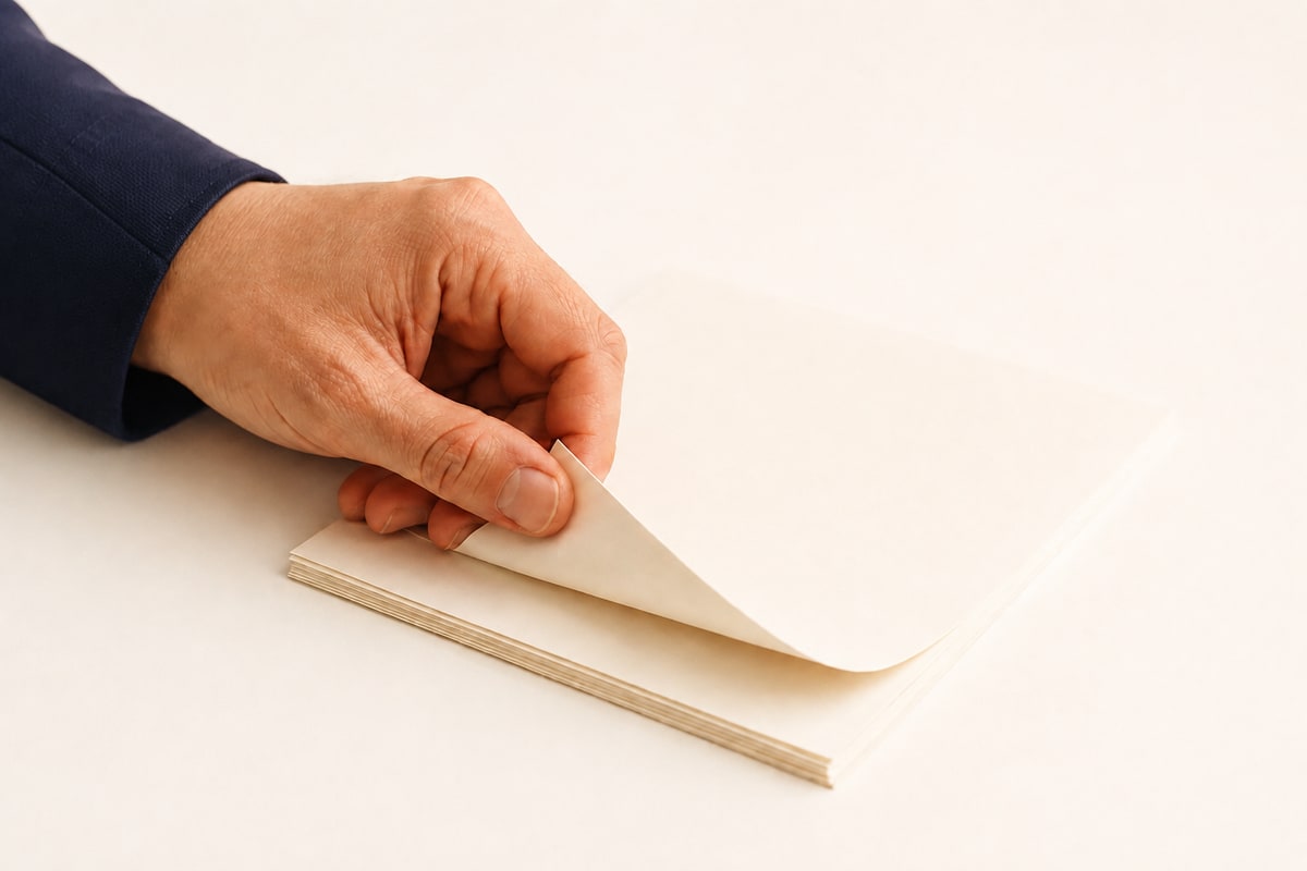 Eine Hand hebt die Ecke eines unbedruckten, cremefarbenen Papierbogens von einem kleinen Stapel.